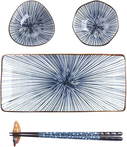 Artcome 10 Pcs Japanese Style Ceramic Sushi Plate Dinnerware Set for Wedding Housewarming - 2 Sushi Plates, 2 Sauce Dishes, 2 Snack Bowl, 2 Pairs of Chopsticks, 2 Chopsticks Holders, Blue