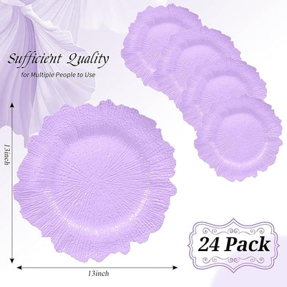 24 Pack Lavender Charger Plates Bulk, 13" Plastic Reef Chargers for Dinner Plates, Round Charger Plate with Floral Reef Design for Dinner Wedding Party Table Setting Decoration