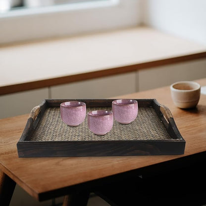 Wood Rectangular Serving Tray with Raised Handles Large Southeast Asian Style Woven Tea Cup Holder Decorative Wooden Drink Tray for Home, Office, and Hotel Use