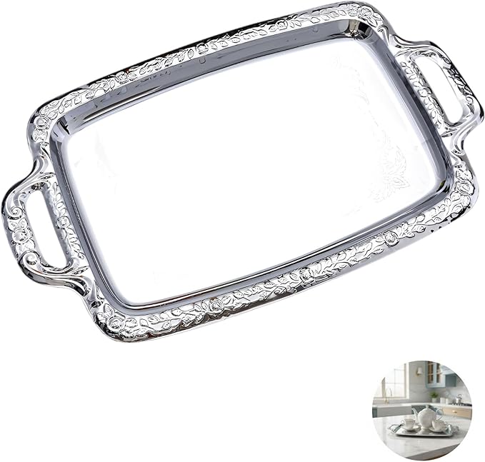 16.1 in Silver Serving Tray, European Style Stainless Steel, with Handles, Metal Ottoman Tray for Coffee Table and Parties, Decorative Food Serveware