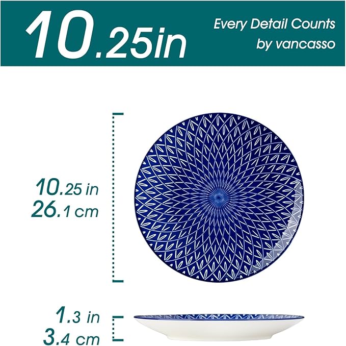 vancasso Ceramic Dinner Plates Set of 6, Large Vintage Plates 10.25 Inch Set of 6 for Kitchen, Porcelain Blue and White Plates for Kitchen, Microwave Oven Dishwasher Safe, Vintage Gift, Blue