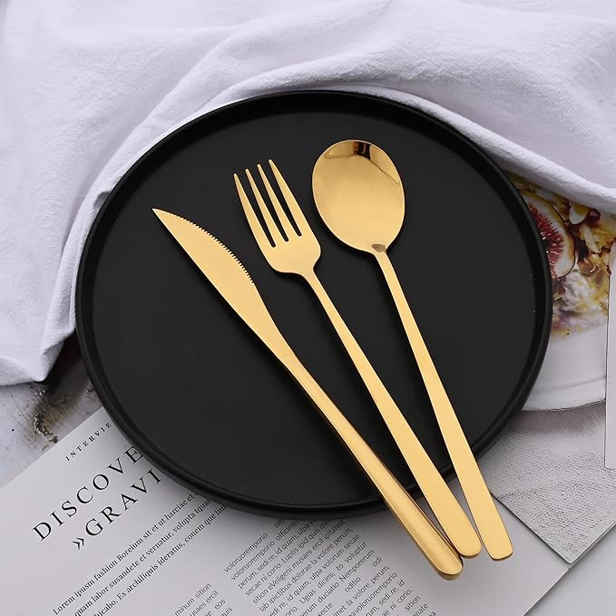 30 Pieces Silverware Set, Gold-Flatware Cutlery Set Service for 6, 18/8 Stainless Steel Tableware Eating Utensils for Home/Hotel/Restaurant, Mirror Polished, Dishwasher Safe