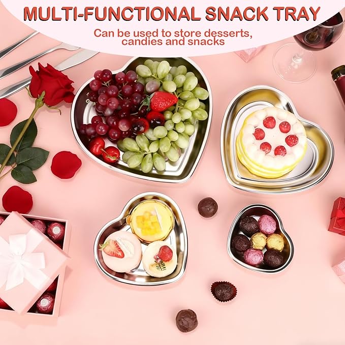 Set of 4 Heart Shaped Stainless Steel Serving Trays 304 Mixed Sizes Cake Dessert Serving Plates for Snack Fruit Wedding Party Baking Display Kitchen Home Decoration