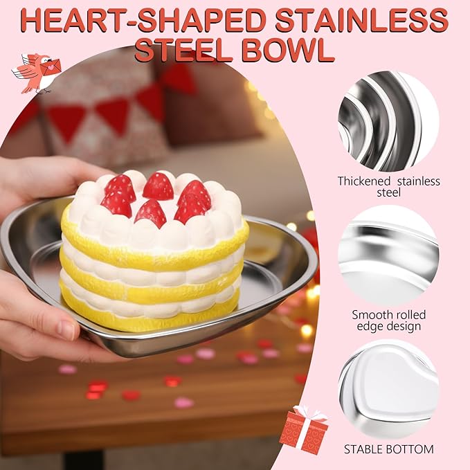 Set of 4 Heart Shaped Stainless Steel Serving Trays 304 Mixed Sizes Cake Dessert Serving Plates for Snack Fruit Wedding Party Baking Display Kitchen Home Decoration