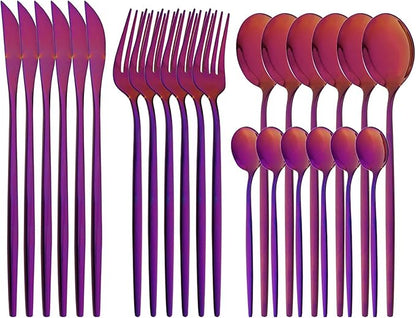 24-Piece Mirror Purple Polished Flatware, 18/0 Stainless Steel Dinnerware Set Include Knife Fork Spoon Teaspoon Cutlery Set For Home Restaurant and Party Service For 6, Dishwasher Safe