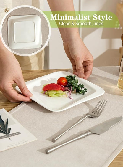 TAMAYKIM 7.3 Inch Porcelain Dessert Plates 10 Pieces, Appetizer Plates, Square Salad Dinnerware Sets, Scratch Resistant, Microwave, Oven and Dishwasher Safe, White