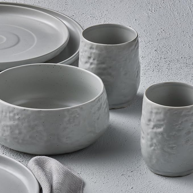Stone by Mercer Project SHOSAI 16-Piece Stoneware Dinnerware Set, Plates and Bowls Set, Modern Dishware set fo 4, Grey Speckled