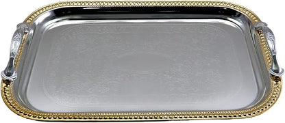13.8 inch x 9.4 inch Oblong Chrome Plated Mirror Silver Serving Tray with Handles Stylish Design Floral Engraved Iron Gold Edge Decorative Party Birthday Buffet Platter Plate FST-023