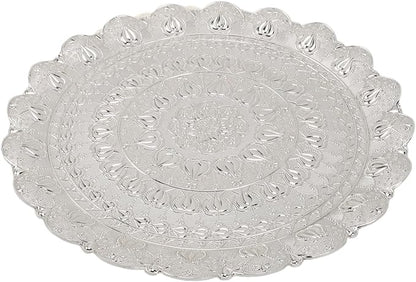 Vintage Tea Coffee Serving Tray Round Metal Beverage Tray with Embossed Pattern for Coffee Tea Desserts Jewelry Gifts 13.8in (Silver)