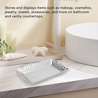 2 Pack Serving Tray, Stainless Steel Rectangular Storage Organizer Decorative Tray, Kitchen Bathroom Vanity Counter Platter, Silver