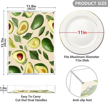Serving Tray with Handles Clear Acrylic Tray 12x16 Inch Decorative Rectangular Tray Organizer for Ottoman Coffee Table Bathroom Nature Avocados Leaves