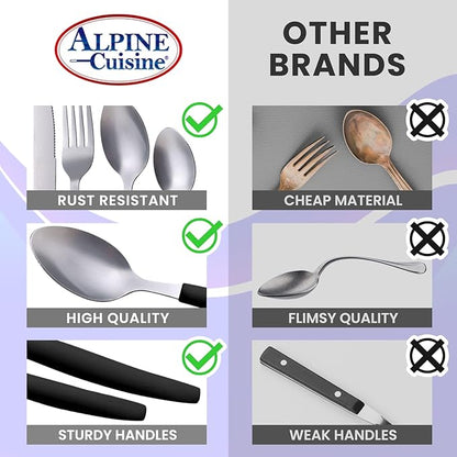 ALPINE CUISINE Flatware Set 16 Piece Service for 4, Stainless Steel Flatware Cutlery Set Includes Dinner Knives/Forks/Spoons - Great for Camping or College Dorms - Dishwasher Safe - Black