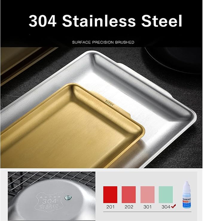 Stainless Steel Rectangle Serving Tray, BBQ Sushi Flat Dish Bread Pastry Baking Pan for Home Parties Living Room Restaurant Table,Gold,22 * 11cm