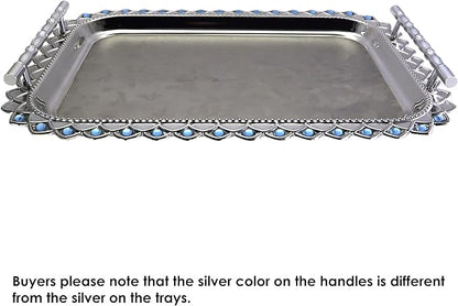 (Pack of 1) 16.5 inch x 11.8 inch Floral Shape Style Chrome Plated Silver Serving Tray with Handles Anti-Scratch Sticker Floral Engraved Edge Blue Bead Decor Wine Platter Plate FST-011