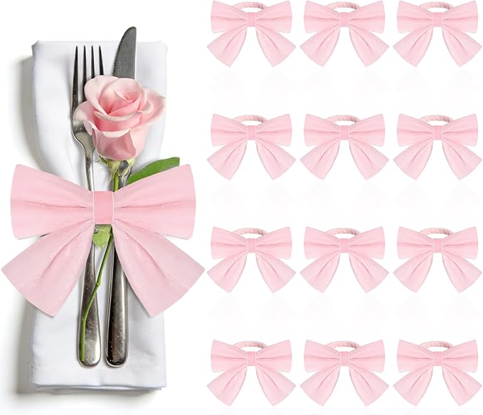12 Pcs Pink Bow Napkin Rings,Wedding Napkin Rings,Velvet Napkin Ring Holders for Holiday Serviette,Birthday Anniversary Party Dinner Valentines Day Wedding Dining
