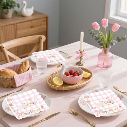 50Pcs One Silly Goose Scalloped Paper Napkins - Silly Goose Birthday Decor Napkins Disposable Pink Gingham Party Tissue for 1st Birthday Supplies