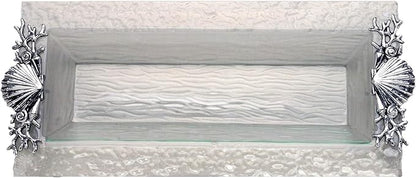 Arthur Court Aluminum Shell Sea Life Oblong Serving Tray, 18 x 8 inches - Coastal Inspired Design with Textured Glass and Silver-Tone Detailing, Sturdy Handles for Easy Carrying