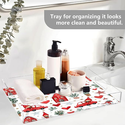 Serving Tray with Handles Clear Acrylic Tray 12x16 Inch Decorative Rectangular Tray Organizer for Ottoman Coffee Table Bathroom Watercolor Christmas Elves Stars White