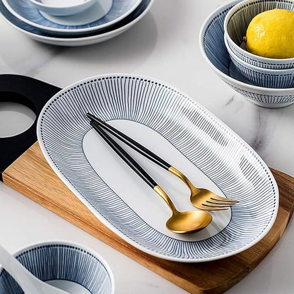 Plate and Bowl Set Fine Dinnerware Set,White Porcelain Dinnerware Set with Blue Line Stripes, Ceramic Plates and Bowls Sets