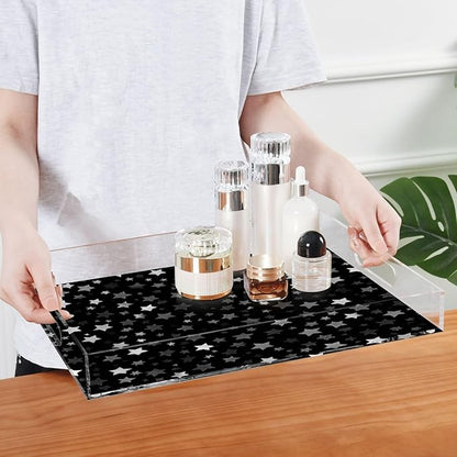 Serving Tray with Handles Clear Acrylic Tray 12x16 Inch Decorative Rectangular Tray Organizer for Ottoman Coffee Table Bathroom Cute Silver and Gray Stars