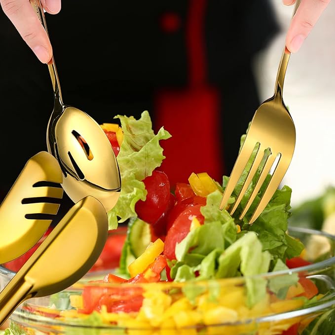 Patelai 15 Pcs Gold Stainless Steel Serving Utensils Set 8.7" Large Spoons and Slotted Spoon 9.45" Tong 9" Forks Flatware Wedding Valentine's Day Holiday Party Buffet Banquet Cooking Kitchen Catering