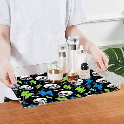 Serving Tray with Handles Clear Acrylic Tray 12x16 Inch Decorative Rectangular Tray Organizer for Ottoman Coffee Table Bathroom Skull Lightning Colorful