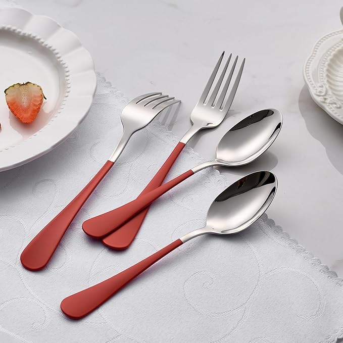 24piece Red Forks and Spoons Silverware Set,Red Handle Silverware 18/0 Stainless Steel Flatware Bulk Forksand Spoons Dessert Forks and Table Spoon Set of 24 Dishwasher Safe
