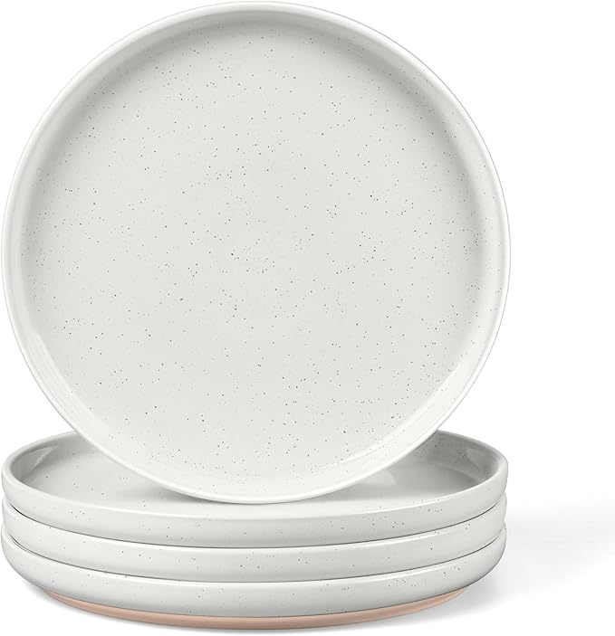 LIANYU Dinner Plates Set of 4, 10.5 Inch Stoneware Plate for Kitchen Dining, Large & Round Ceramic Salad Dishes Set, Microwave, Oven & Dishwasher Safe, Scratch Resistant, Stackable, Snowy White