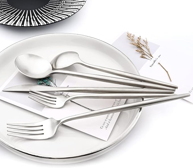 24Pcs Luxury Matte Black Flatware Set, 18/10 Stainless Steel Simple & Heavy Tableware Cutlery Set For Home Kitchen Wedding Restaurant Dinner, Service For 4 (Silver)