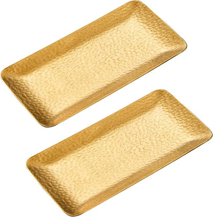 Hammered Rectangular Platter, Stainless Steel Serving Tray, Decorative Storage (2, Gold)