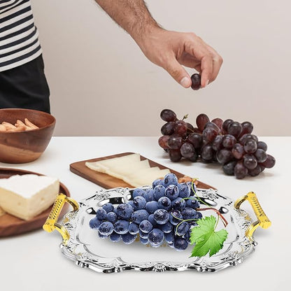 Luxshiny Stainless Steel Serving Tray with Handles European Style Vintage Platter for Snacks Beverages and Appetizers for Home Restaurant and Event Use