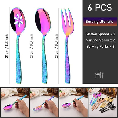 6 PCS Hammered Serving Utensils, Uniturcky Stainless Steel Serving Spoons Set, Square and Thick Hostess Serving Set, Includes 2 Serving Spoon 2 Serving Fork and 2 Slotted Spoon, Mirror Rainbow