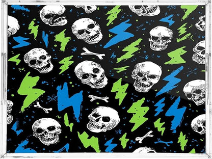 Serving Tray with Handles Clear Acrylic Tray 12x16 Inch Decorative Rectangular Tray Organizer for Ottoman Coffee Table Bathroom Skull Lightning Colorful