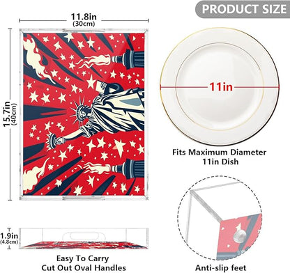Serving Tray with Handles Clear Acrylic Tray 12x16 Inch Decorative Rectangular Tray Organizer for Ottoman Coffee Table Bathroom July 4th Statue of Liberty Red