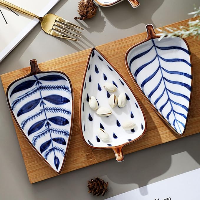Creative Japanese Style Hand-painted Snack Plates Set 3pcs – Leaf, Water Grass, Raindrop Shapes – Ceramic Appetizer Plates for Seasoning, Dessert Fruit Serving Random Color