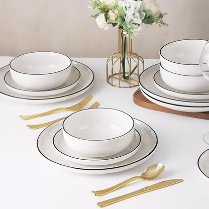 Plates and Bowls Sets for 4,12 Pieces Ceramic Dish set, White Dinnerware Set for Kitchen, Modern Design Plate Sets with Black Rim, Microwave and Dishwasher Safe