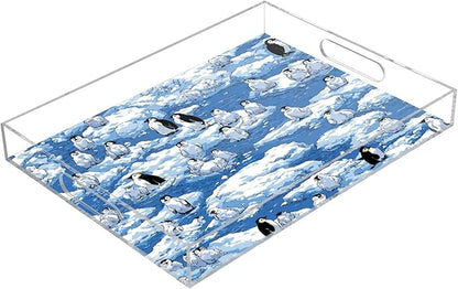Serving Tray with Handles Clear Acrylic Tray 12x16 Inch Decorative Rectangular Tray Organizer for Ottoman Coffee Table Bathroom Blue Penguins Ice Floes Snow Water