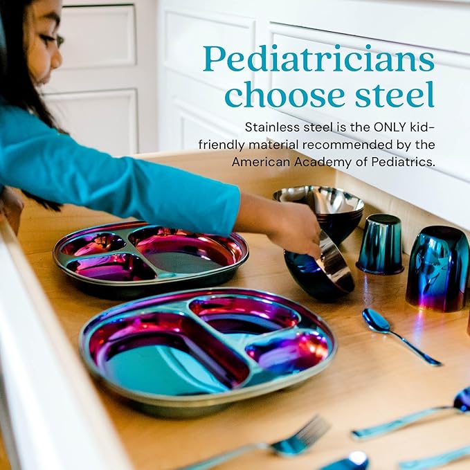 Ahimsa Stainless Steel Kids Dinnerware Set, Pediatrician Designed, 5 Piece Toddler Plates and Bowls Set, Stainless Steel Divided Plate, Cup and Kids Utensils, Blue