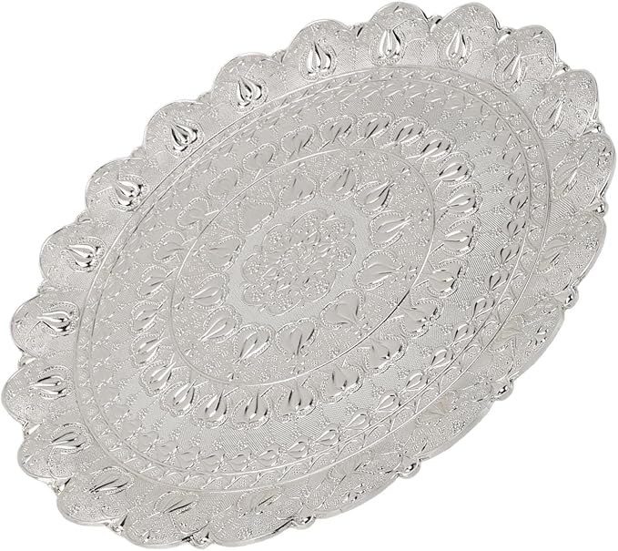 Turkish Ottoman Tea Coffee Serving Tray, Exquisite Vintage Metal Tray with Embossed Pattern, Multi Purpose Round for Coffee Drinks, Gifts, Etc. (Silver)