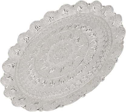 Turkish Ottoman Tea Coffee Serving Tray, Exquisite Vintage Metal Tray with Embossed Pattern, Multi Purpose Round for Coffee Drinks, Gifts, Etc. (Silver)