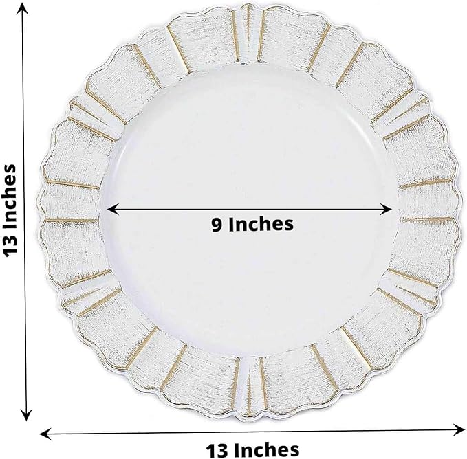 Efavormart 13" Charger Plates - Set of 12 - White Round Acrylic Disposable Charger Plates with Gold-Brushed Wavy Scalloped Rim, Ideal for Wedding Dinner Party Bulk Events Tabletop Decor