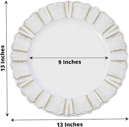 Efavormart 13" Charger Plates - Set of 12 - White Round Acrylic Disposable Charger Plates with Gold-Brushed Wavy Scalloped Rim, Ideal for Wedding Dinner Party Bulk Events Tabletop Decor