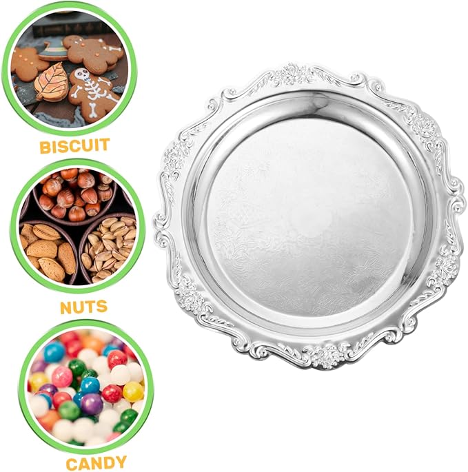 OUNONA Embossed European Style Fruit Plate Silver Alloy Dessert Holder Snack Serving Tray for Home Weddings Parties Candy and Cake Display Decorative Food Storage Dish