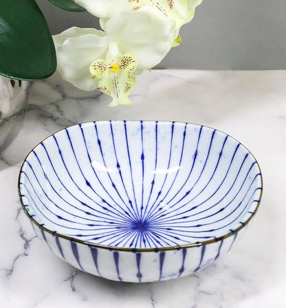 Ebros Gift Artistic Blue Waves Fubuki Tokusa Made In Japan Dinnerware Serveware Kitchenware Set Asian Japanese Restaurant Supply (Pack Of 6 Round Flair Small Shallow Bowls 11oz)