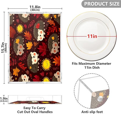 Serving Tray with Handles Clear Acrylic Tray 12x16 Inch Decorative Rectangular Tray Organizer for Ottoman Coffee Table Bathroom Autumn Leaves Hedgehogs Brown