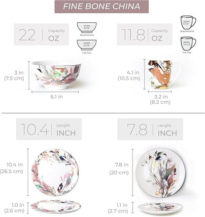 Pink & Gold Plates and Bowls Sets Dishes Set for 4, Ceramic Plates and Bowls Set, Service for 4, Bone China Dinnerware Set Salad Dessert Plates, and Cereal Bowls Set, Microwave safe by KOKEN