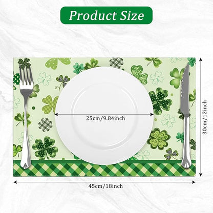 comfoyar St. Patrick's Day Placemats Set of 4, 12x18 Inch Non-Slip Linen Green Shamrock Place Mats, Washable Absorbent Lucky Clover Table Mats for Kitchen Dining Party Table Decoration