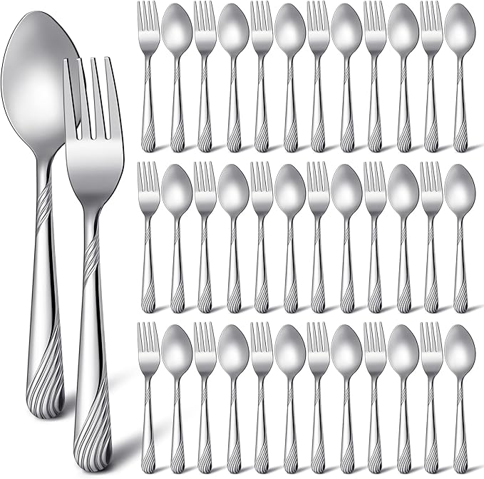 50 Pcs Forks and Spoons Silverware Set Stainless Steel Flatware Cutlery Set Heavy Duty Metal Spoons and Forks for Kitchen Utensil Dinner Restaurant Home, Mirror Polished, Dishwasher Safe(Stripe)
