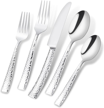 Flatware Set Silver Hammered 45 Pieces Stainless Steel Cutlery Set Silverware Serving Set Home Event Use Wedding Housewarming Gift