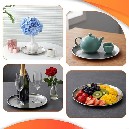 Silver Metal Serving Tray 10" Round Tray Stainless Steel Kitchen Dish Plates Rust-Proof Camping Serving Platter Metal Display Trays for Coffee Table Bar Party Club Home Ottoman, 10.3 inch/26.2 cm